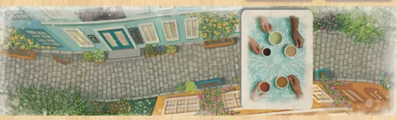 Fika on Board Game Arena: the café street board with a table of coffee cups