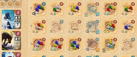 Five Tribes on Board Game Arena: djinn cards beside the tile grid of meeples